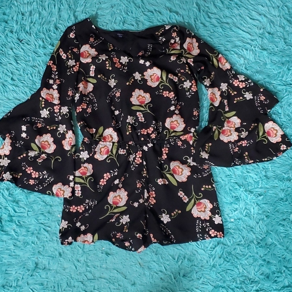 Kaari Blue Black Floral Bell Sleeve Romper